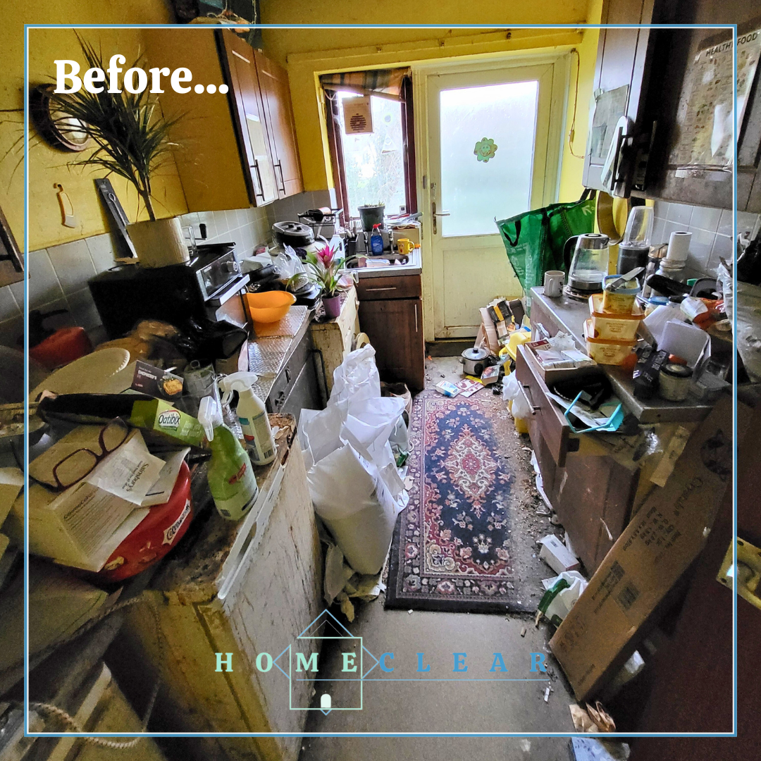 A cluttered kitchen before being cleared and cleaned